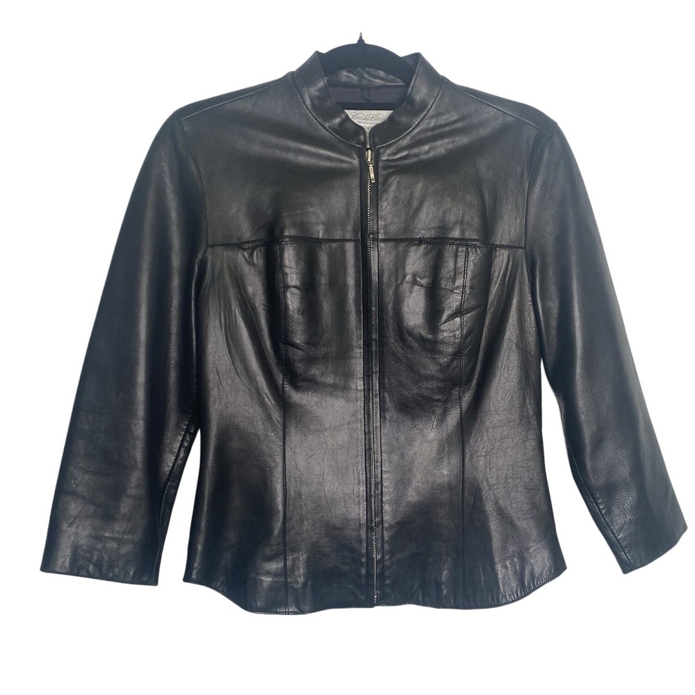 Brooks Brothers Womens Black Genuine Leather Mock Neck Zip Up Jacket Size 4 Moto